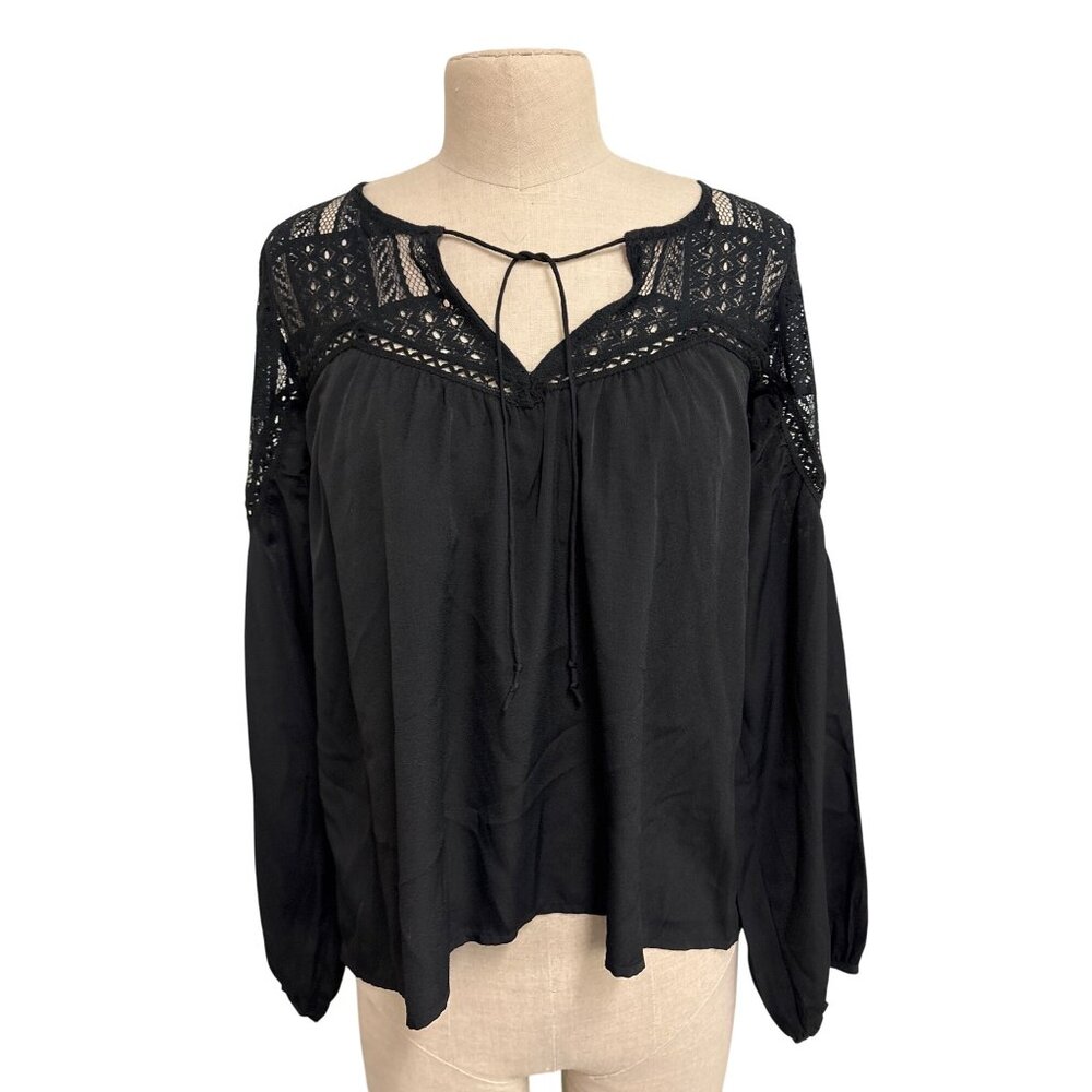 Abercrombie Fitch Black Lace Detail Boho Blouse Top Long Sleeve S Polyester Visc